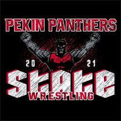 three color state wrestling tee shirt design with front view of muscular wrestler with arms raised and fist clenched