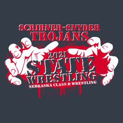 two color state wrestling tee shirt design with hands reaching out surrounding lettering.
