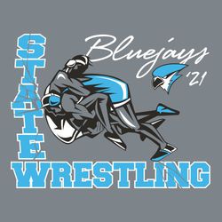 Three color state wrestling tee shirt design with stylized wrestler doing a double leg takedown causing cracks to form in lettering "STATE  WRESTLING".  Mascot on the upper left hand side of design.
