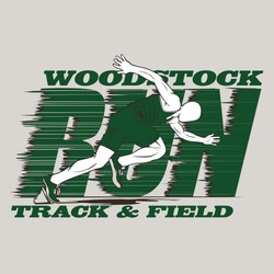 Three color interactive track tee shirt design with side view of runner coming out of the blocks in front or motion distressed word "RUN"