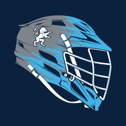 three color tee shirt design with lacrosse helmet with front color splatter and mascot on side of helmet
