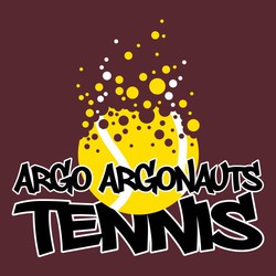 three color tennis tee shirt design with ball breaking up in circles or bubbles.