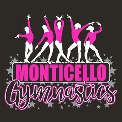 three color gymnastics screen print design with 5 female gymnast in varous poses on a banner with team name.  Stars in the background.  Script word Gymastics at the bottom.