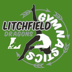 three color gymanstic tee shirt design with female gymnast performing a backflip.  Movement arrows in circular pattern with team name, mascot name and mascot.