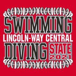 three color state swimming and diving tee shirt design with block lettering between stylized swimming lane.
