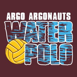 three color water polo tee shirt design with blue water inside water polo lettering and gold water polo ball.