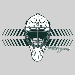 three color interactive ice hockey tee shirt design with goalie mask and slanted lines in the background