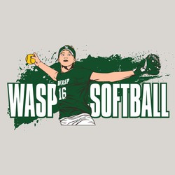 five color softball tee shirt design with player pitching or throwing ball.  Splatter background with block team letters.