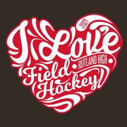two color heart shaped field hockey tee shirt design.  Love Field Hockey lettering forms heart shape.