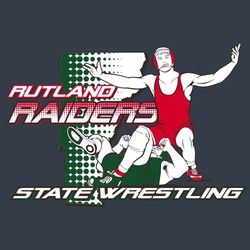 Four color state wrestling tee shirt design.  Wrestler with hands raised in victory.  Defeated wrestler on his back on the matt. State of Vermont with large dot texture.