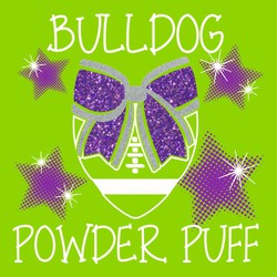 Four color powder puff football tee shirt design with glitter bow and halftone stars.  Hand font above and below art.