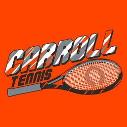 three color tennis tee shirt design.  Tennis raquet with mascot or team logo on strings.  Diagonal lettering.