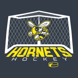 three color ice hockey tee shirt design with mascot in net and lettering and puck with perspective leading into the goal.