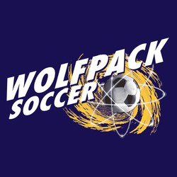 three color soccer tee shirt design with background swirl and electrons orbiting soccer ball.  Slanted team name above ball.