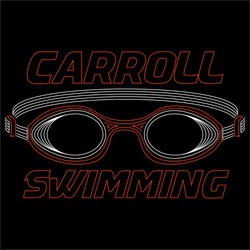 two color swimming tee shirt design with swim goggles drawn with contour outlines only. Outline lettering above and below artwork.