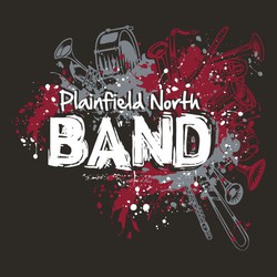 Three color band tee shirt design with splatters and musical instruments.  Large distressed word BAND in middle of design.