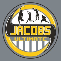 three color ultimate tee shirt design with player silhouettes and team name on top view of disc.