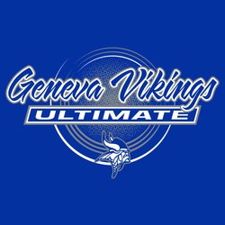 two color ultimate tee shirt design with team name in script, rectangle with word ULTIMATE and artistic disc or frisbee in the background using circular lines and shading.
