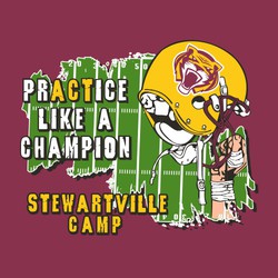 five color football camp tee shirt design with helmet raised with taped hand.   Distressed football field background.  prACTice like a champion lettering.