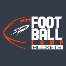 two color football camp design with mascot inside left half of football.  FOOT BALL stacked on opposite side of ball with word camp and mascot name.