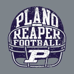 two color football tee shirt design with large lettering and mascot inside front view of helmet