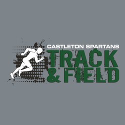 three color track tee shirt design with male runner on distressed background.  Distressed stacked lettering "TRACK & FIELD".