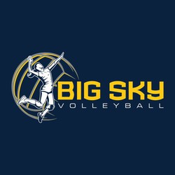 three color volleyball tee shirt design with female volleyball player jumping to spike a ball.  A large volleyball creates the background for the player spiking.  Text left of artwork.