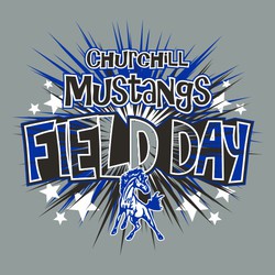 Three color field day tee shirt design with background flash and stars.  hand lettering style fonts with school name and mascot name about Field day and art, and macot below design.