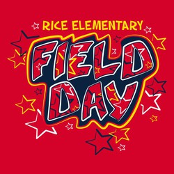 Three color tee shirt design.  Colorful field day lettering with stars throughout design.