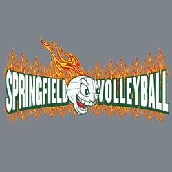 three color screen print design with grinning flaming volleyball and lettering with flames in background