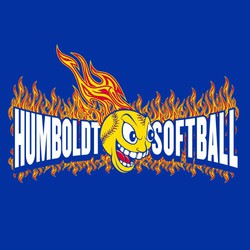 three color tee shirt design with flaming, grinning softball in front of team name and word softball.  Flames in the background
