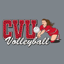 five color tee shirt design with female volleyball player digging ball.  Volleyball net inside team name on players right hand side.