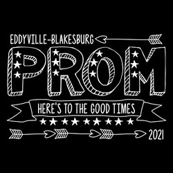 one color prom tee shirt design with sketched type lettering, arrows, banner and stars.  "Here's to the good times"