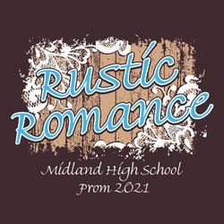 Three color prom tee shirt design. Rustic Romance with distressed wood floor and linen or filigree pattern.