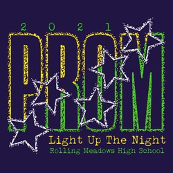 Three color prom tee shirt design with word prom in two color split diagonally.  Star running on the same diagonal line.  Deistressed art and text.