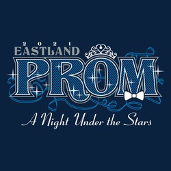 Three color prom tee shirt design with word "PROM" that has lined interior and double outlines.  Crown on "O".  "A Night Under the Stars"