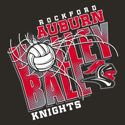 Three color volleyball tee shirt design with ball and partial net over word VOLLEYBALL which is on two lines.  Word volleyball shaded with large halftone dots.  Macot to left of art.