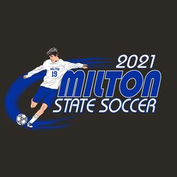 4 color state soccer tee shirt design with soccer male player kicking ball and a background movement swirl.