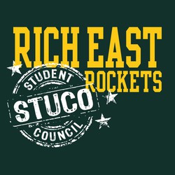 Two color student council tee shirt design with STUCO Student Council stamp over school and mascot lettering.