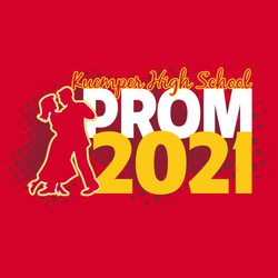 Three color prom tee shirt design.  Slow dance couple over large lettering, PROM 2018, with school name in script at the top.  Dot shading in background.