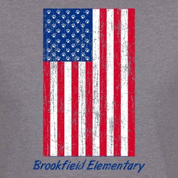 Three color patriotic elementary tee shirt design with distressed flag and school name below flag.