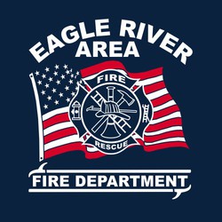 two color fire department tee shirt design with fire department emblem in front of flag.  Fire Department framed with hookd below design.  Department name in circular text above art.