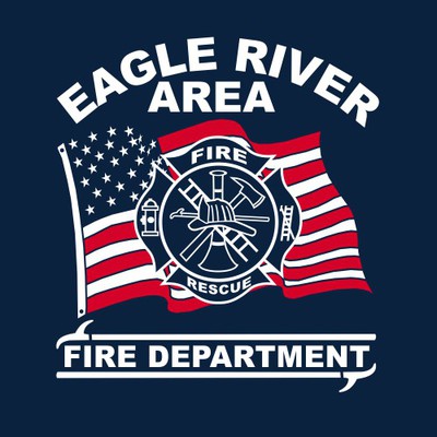 two color fire department tee shirt design with fire department emblem in front of flag.  Fire Department framed with hookd below design.  Department name in circular text above art.