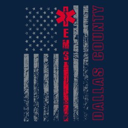 two color EMS tee shirt design with US flag distressed in background and red EMS logo and stripe.   Provider name running down the left side of the design.