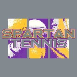Three color tennis tee shirt design with detailed images of tennis balls arrange in six pannels. Team name and Tennis on two lines over panels.