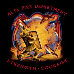 four color fire fighting tee shirt design with Dragon breathing fire on firefighter holding sheild and swinging an axe.