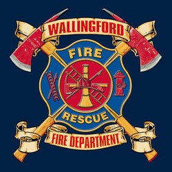 Detailed firefighting tee shirt design with fire and rescue emblem over crossed axes.  Department namd and Fire Department lettering in scrolling ribbon about and below fire emblem.