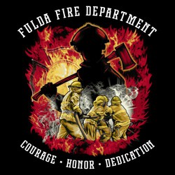 Three color firefighting design with silhoutte of fire fighter agains flames in the background.  Firefighters holding hose and directing water toward flame in the foreground with smoke rising.