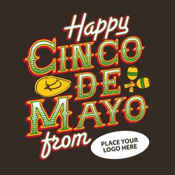 Four color Cinco De Mayo tee shirt design with sombrero and maracas.  Colorful text with place to put company logo.