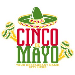 Three color Cinco de Mayo tee shirt design with sombrero, maracas and stacked lettering.  Place for business name or school name below art